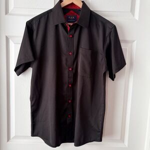 FLEX Mens Luxury Collection Black Short Sleeve Button Down Shirt Red Trim Small